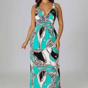 Chic Teal and Black Patterned Maxi Dress